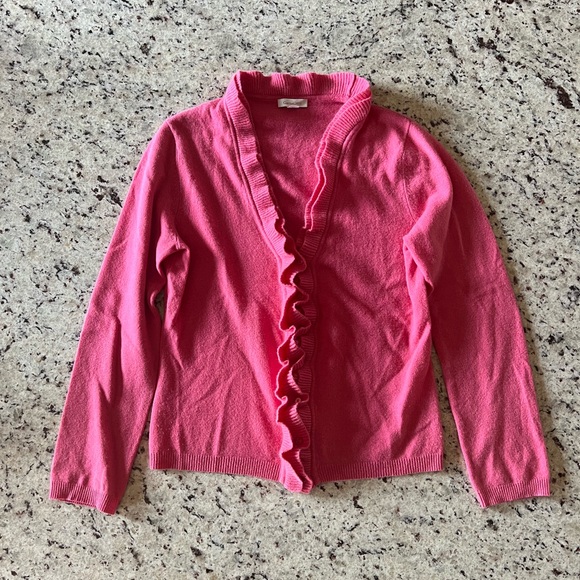 Garnet Hill Pink Cashmere Ruffled Cardigan - Picture 1 of 7